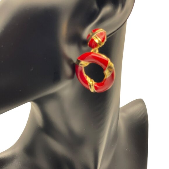 **Vintage Gold Tone And Red Enamel Dangle Earrings - Picture 2 of 6
